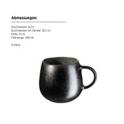 Schwarze, gesprenkelte Keramik-Tasse mit Henkel (430 ml) vor weißem Hintergrund, seitliche Ansicht leicht von oben