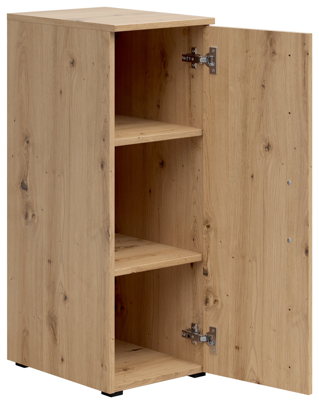 Mehrzweckschrank aus Holz mit geöffneter Tür, zeigt zwei Einlegeböden, Perspektive von vorne links