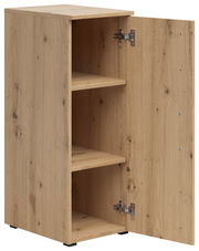 Mehrzweckschrank aus Holz mit geöffneter Tür, zeigt zwei Einlegeböden, Perspektive von vorne links