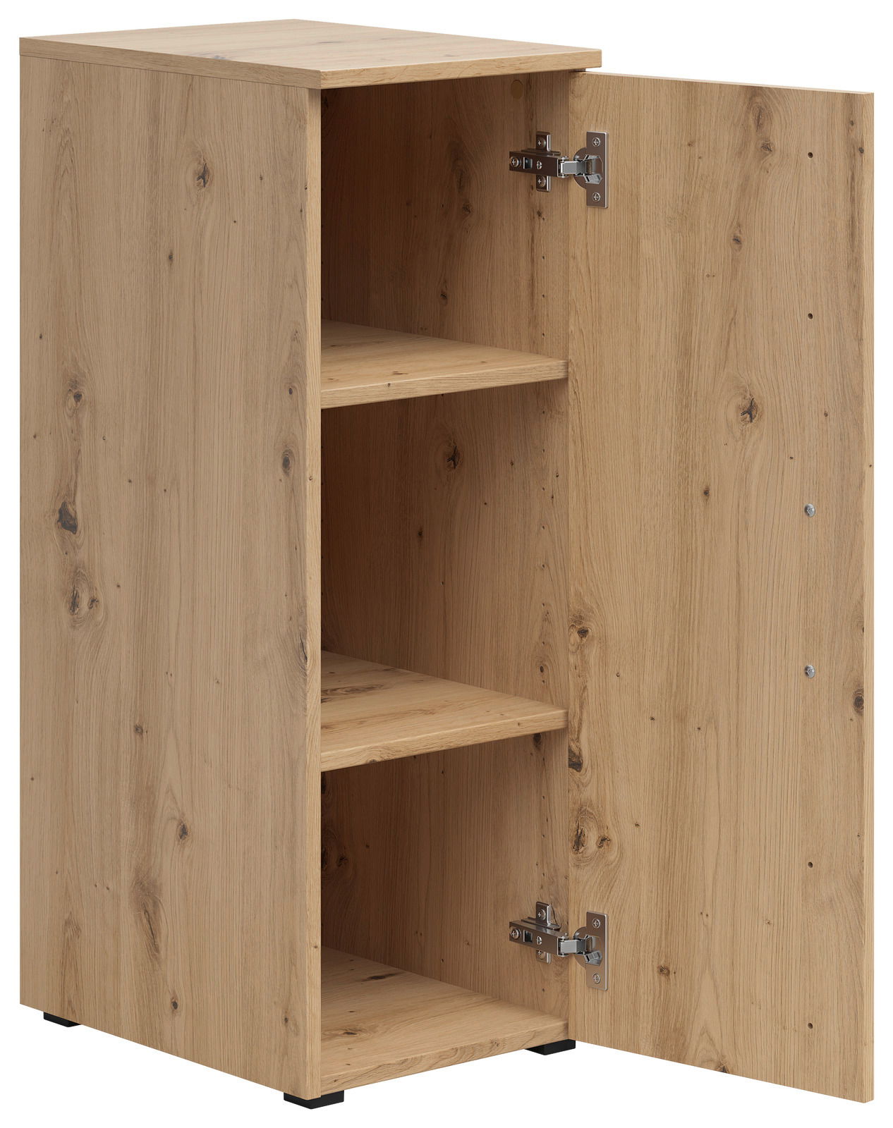 Mehrzweckschrank aus Holz mit geöffneter Tür, zeigt zwei Einlegeböden, Perspektive von vorne links