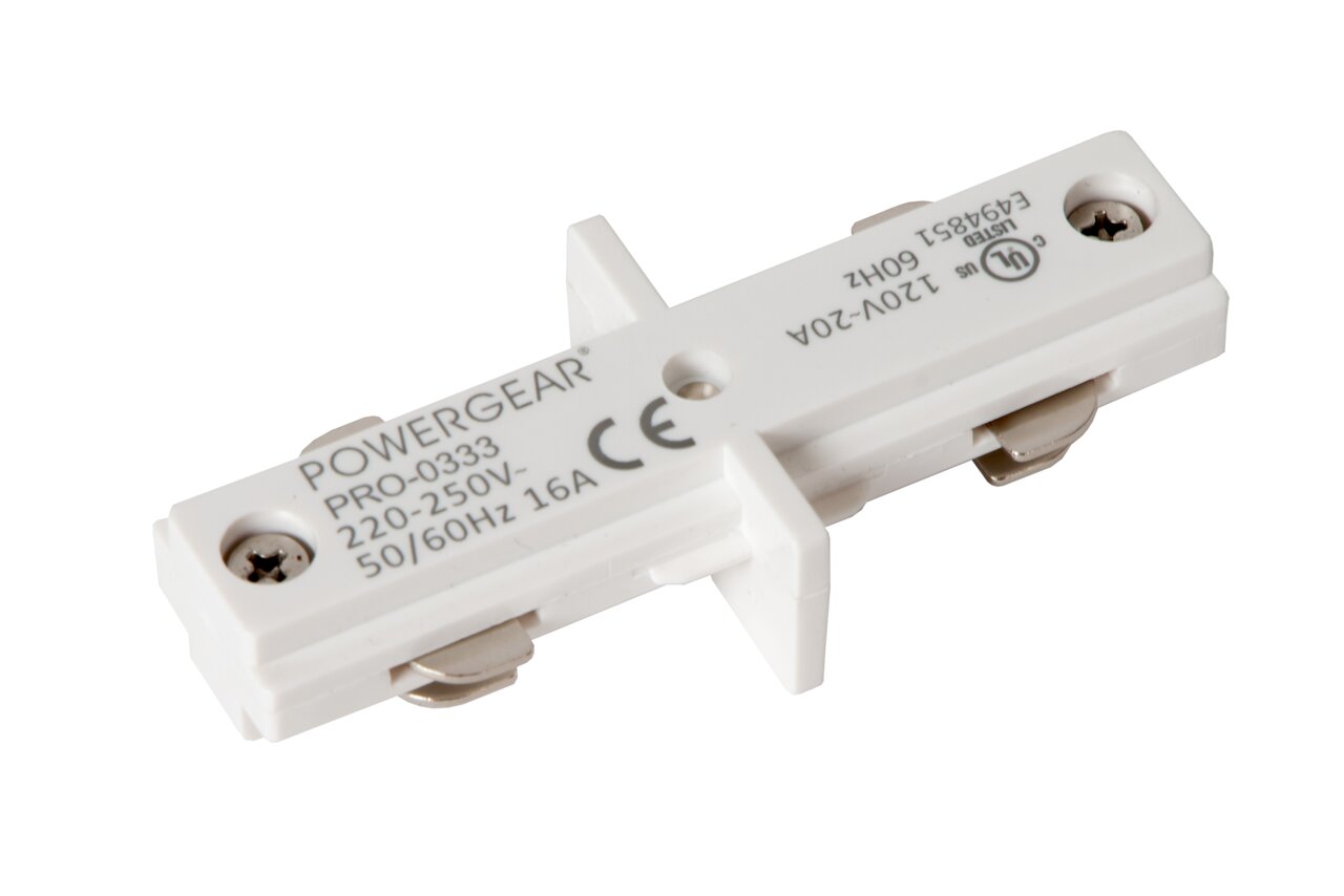 Weißer I-Verbinder von Powergear, Modell PRO-0333, für 220-250V, 50/60Hz, 16A, aus der Vogelperspektive.