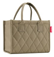 Kleine, beige gesteppte Einkaufstasche mit zwei Griffen, seitliche Perspektive