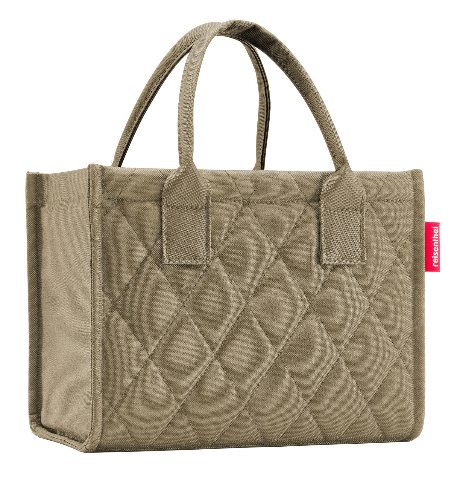 Kleine, beige gesteppte Einkaufstasche mit zwei Griffen, seitliche Perspektive