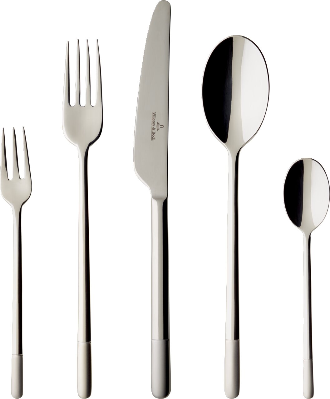 Satz von fünf Besteckteilen, bestehend aus Gabel, Messer, Löffel, Kuchengabel und Teelöffel, in satiniertem Edelstahl, frontal abgebildet.