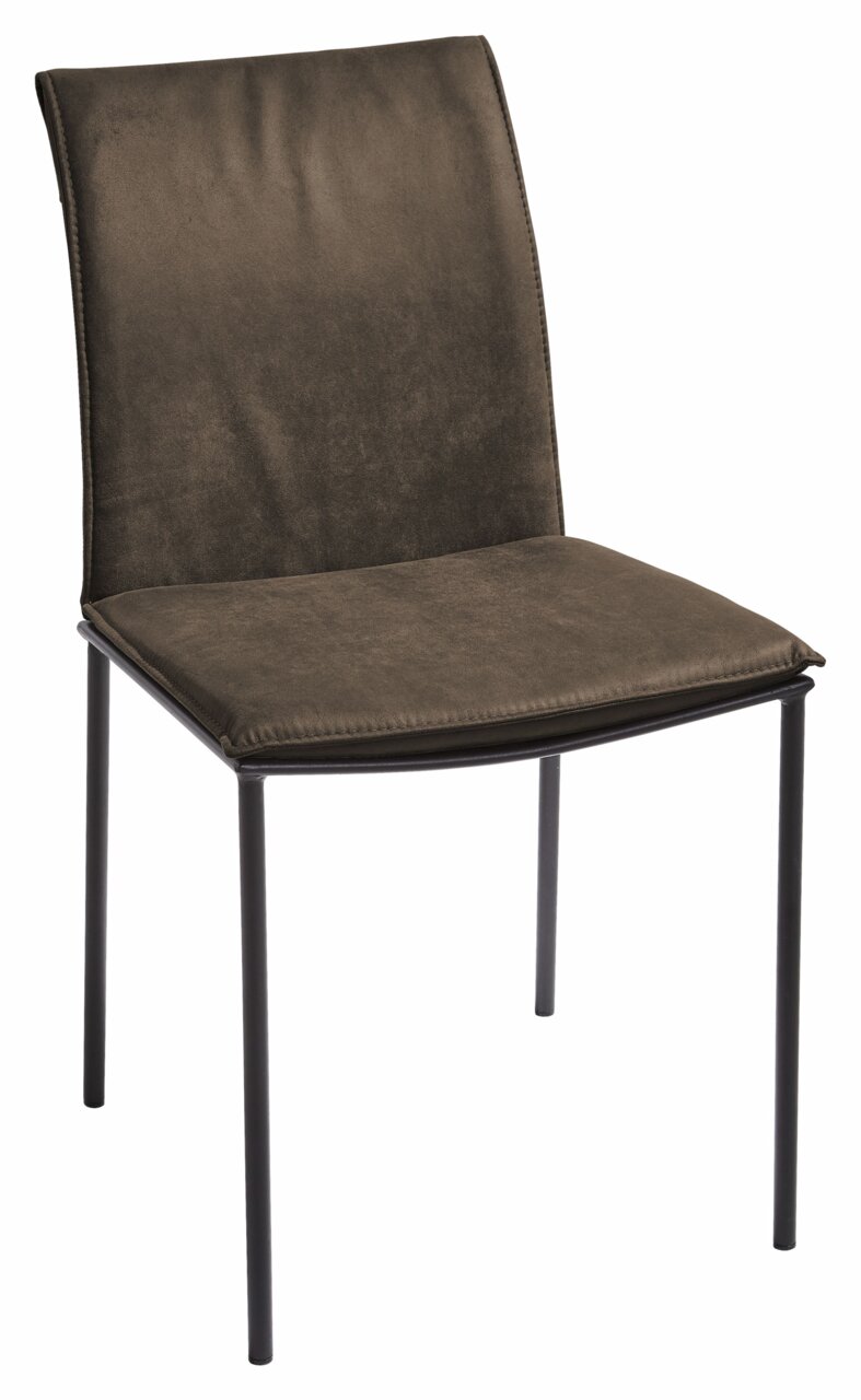 Moderner Stuhl mit braunem Polster und schwarzem Metallgestell, seitliche Perspektive