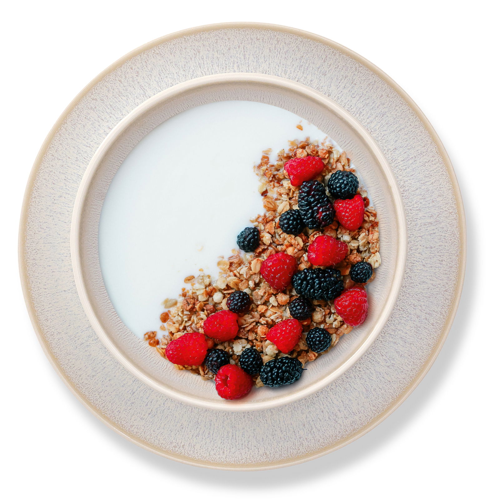 Frühstücksset Laredo 12-tlg. aus der Vogelperspektive mit Müsli, Joghurt und Beeren auf einem Teller.