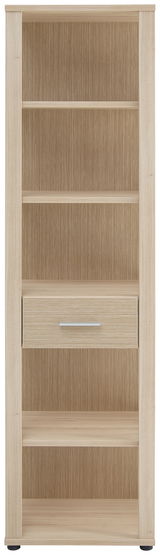 Hohes Aktenregal aus hellem Holz mit mehreren Regalböden und einer Schublade, Frontalansicht