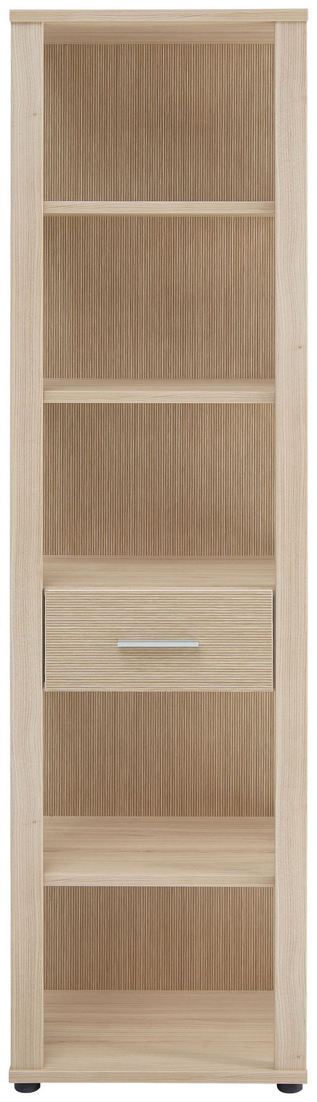 Hohes Aktenregal aus hellem Holz mit mehreren Regalböden und einer Schublade, Frontalansicht