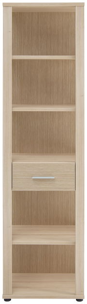 Hohes Aktenregal aus hellem Holz mit mehreren Regalböden und einer Schublade, Frontalansicht