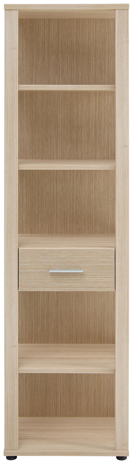 Hohes Aktenregal aus hellem Holz mit mehreren Regalböden und einer Schublade, Frontalansicht