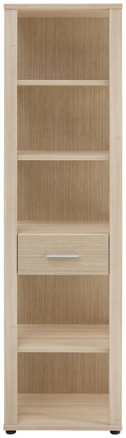 Hohes Aktenregal aus hellem Holz mit mehreren Regalböden und einer Schublade, Frontalansicht