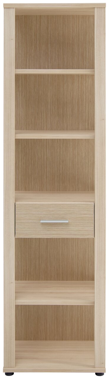 Hohes Aktenregal aus hellem Holz mit mehreren Regalböden und einer Schublade, Frontalansicht