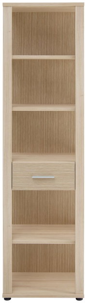 Hohes Aktenregal aus hellem Holz mit mehreren Regalböden und einer Schublade, Frontalansicht