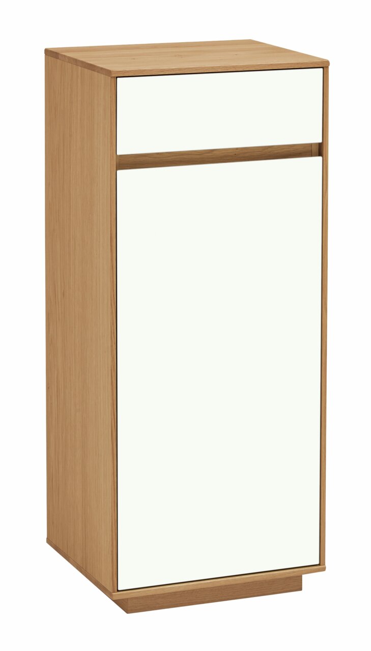 Holzkommode mit weißer Front, rechte Seitenansicht