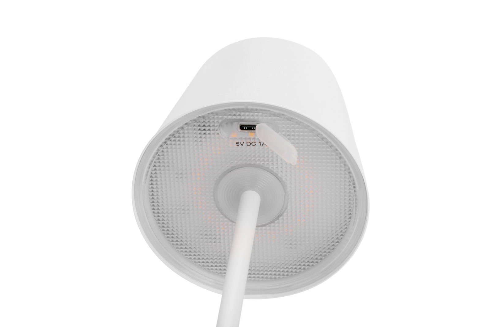 Unteransicht einer weißen Akku-Stehleuchte mit USB-C-Anschluss und 5V DC 1A Beschriftung.