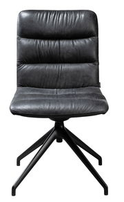 Moderner schwarzer Stuhl mit gepolsterter Sitzfläche und Rückenlehne, auf einem stabilen Metallgestell, Frontalansicht.