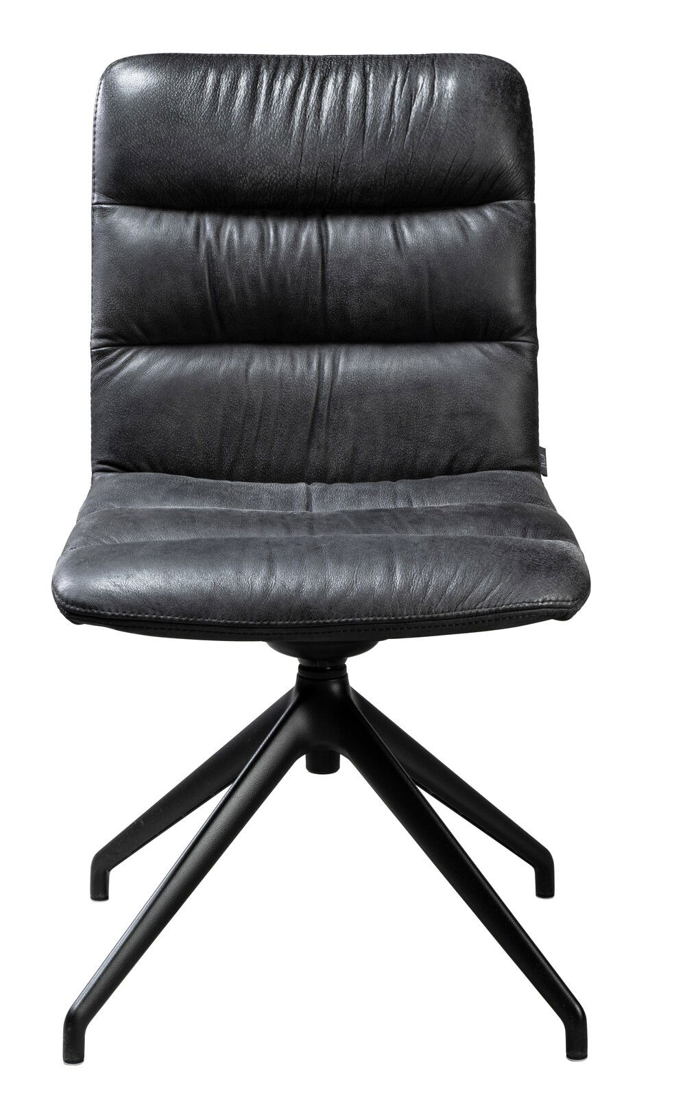 Moderner schwarzer Stuhl mit gepolsterter Sitzfläche und Rückenlehne, auf einem stabilen Metallgestell, Frontalansicht.