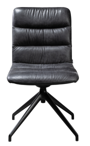 Moderner schwarzer Stuhl mit gepolsterter Sitzfläche und Rückenlehne, auf einem stabilen Metallgestell, Frontalansicht.