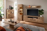 Wohnzimmer mit moderner Holzmöbelkombination, bestehend aus einem Couchtisch, einem Lowboard mit Fernseher, einem Highboard und einem Wandregal, aus der Perspektive von vorne betrachtet.