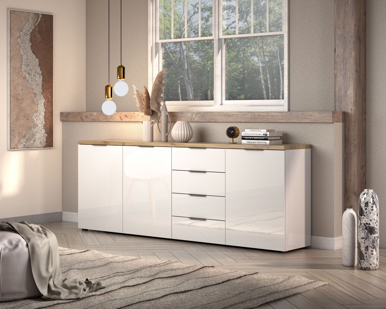 Modern XL-dressoir in wit met houten afwerking, gezien vanaf de zijkant, versierd met vazen en boeken, voor een raam.