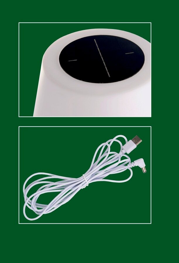 Obenansicht einer Solar Standleuchte mit Solarpanel und einem weißen Ladekabel mit USB-Anschluss.