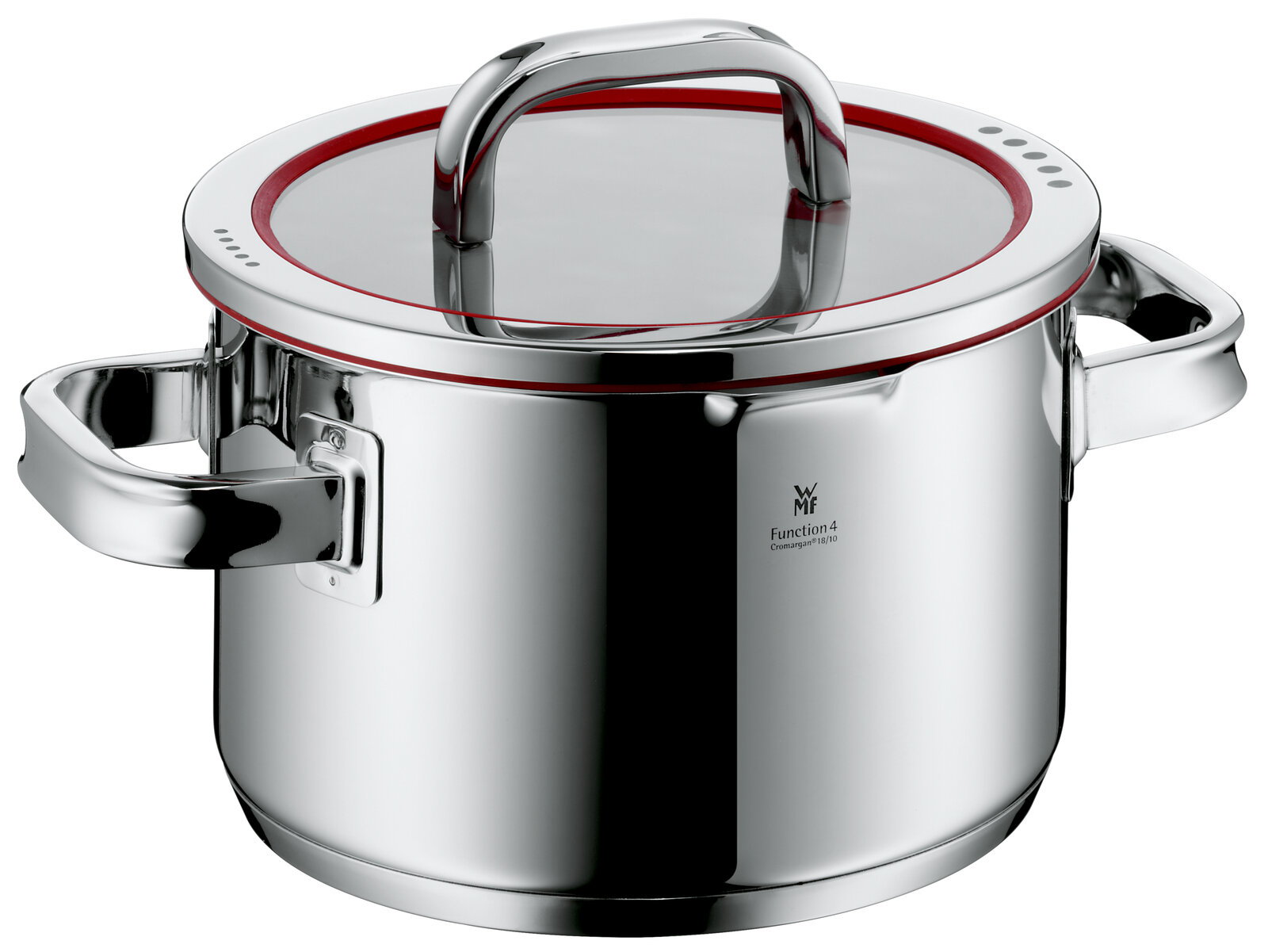 Topf aus Edelstahl mit Glasdeckel und rotem Dichtungsring, seitliche Perspektive