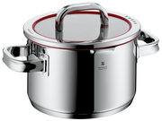 Topf aus Edelstahl mit Glasdeckel und rotem Dichtungsring, seitliche Perspektive