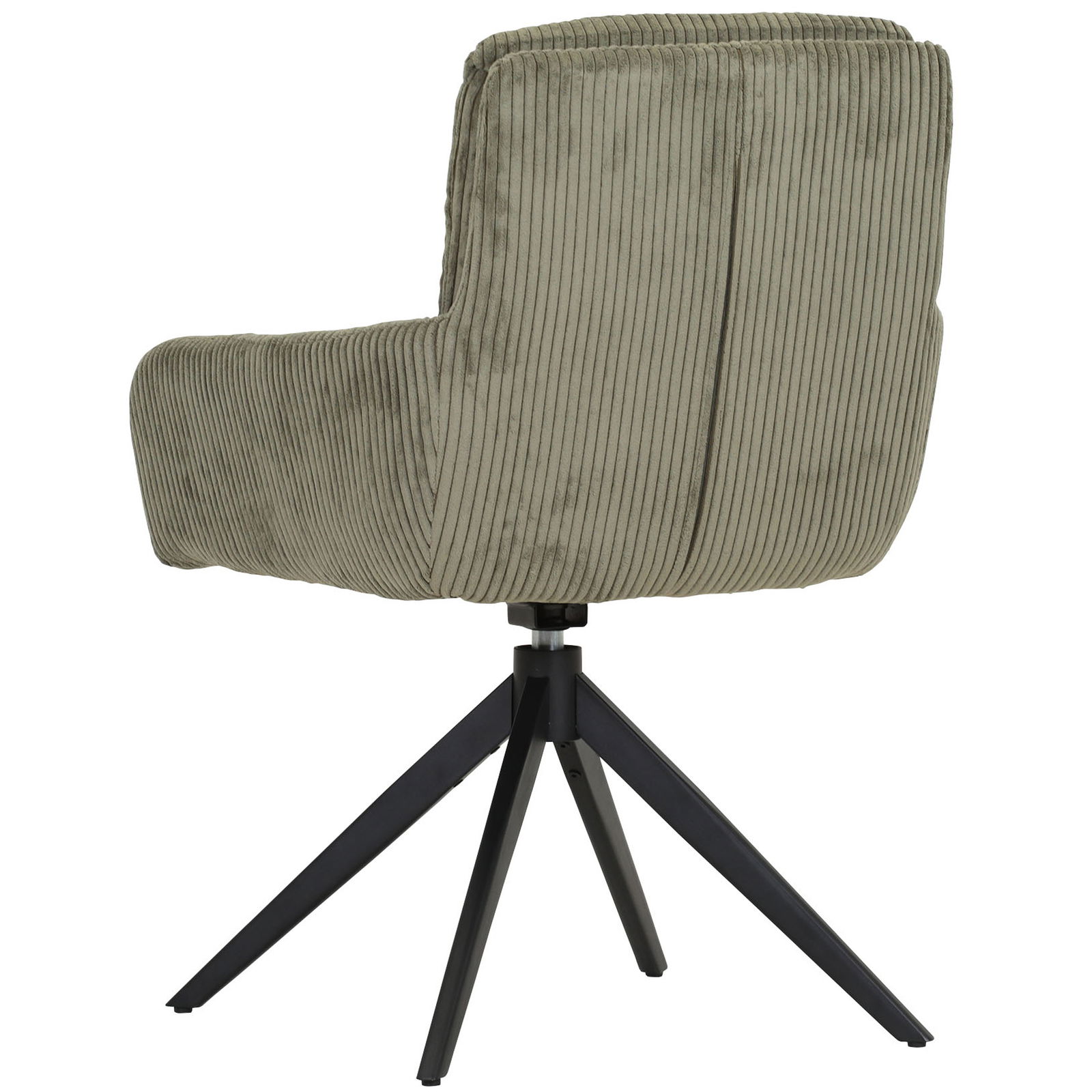Rückansicht eines Armlehnstuhls mit grünem, geripptem Stoffbezug und schwarzem Metallgestell.