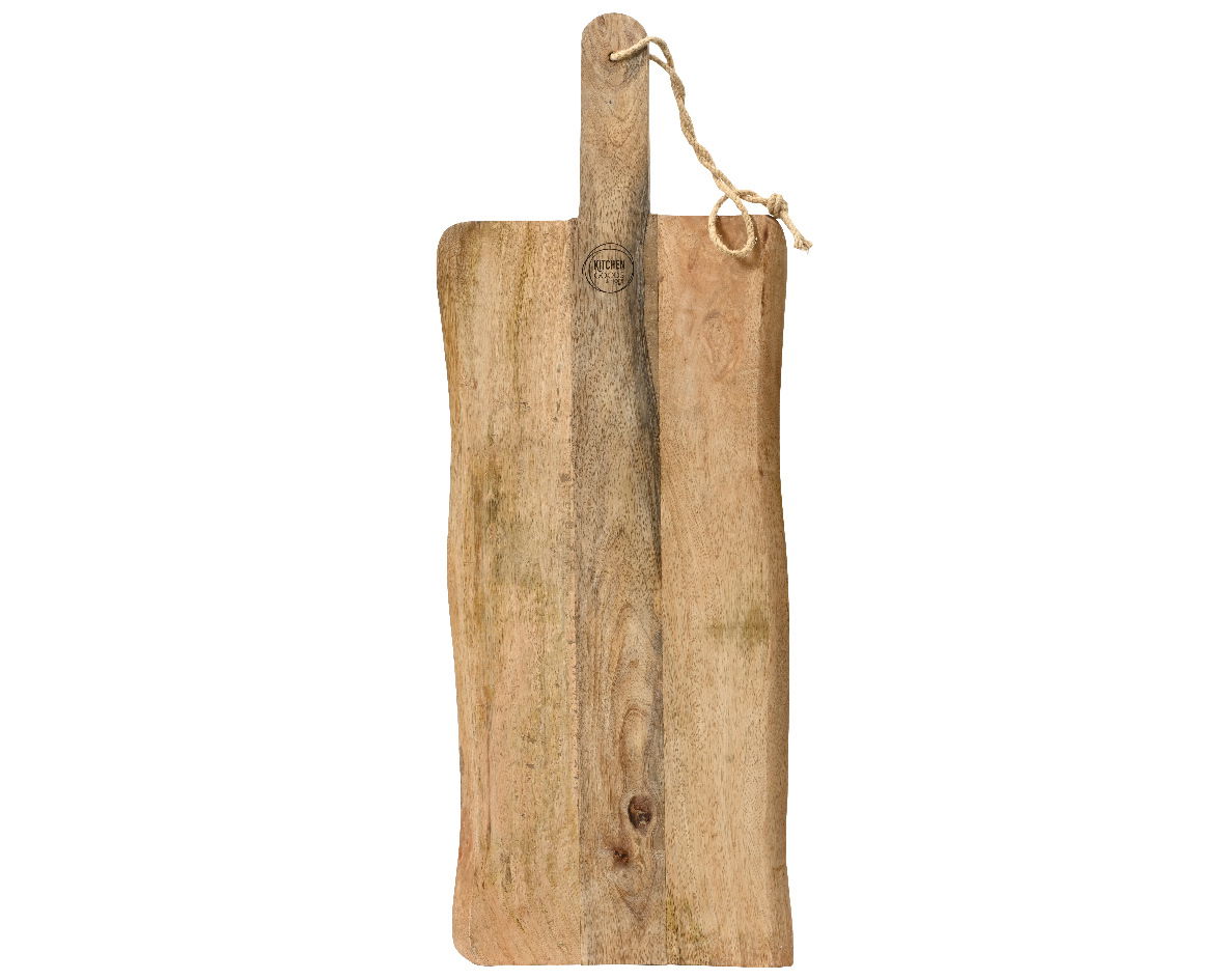 Holz-Serviertablett mit Griff und Kordel, aus der Vogelperspektive fotografiert