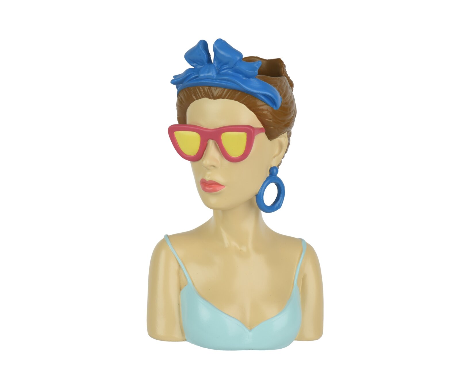 Bunte Deko-Büste einer Frau mit blauer Schleife im Haar, pinker Sonnenbrille und blauen Ohrringen, frontale Ansicht leicht nach links gedreht