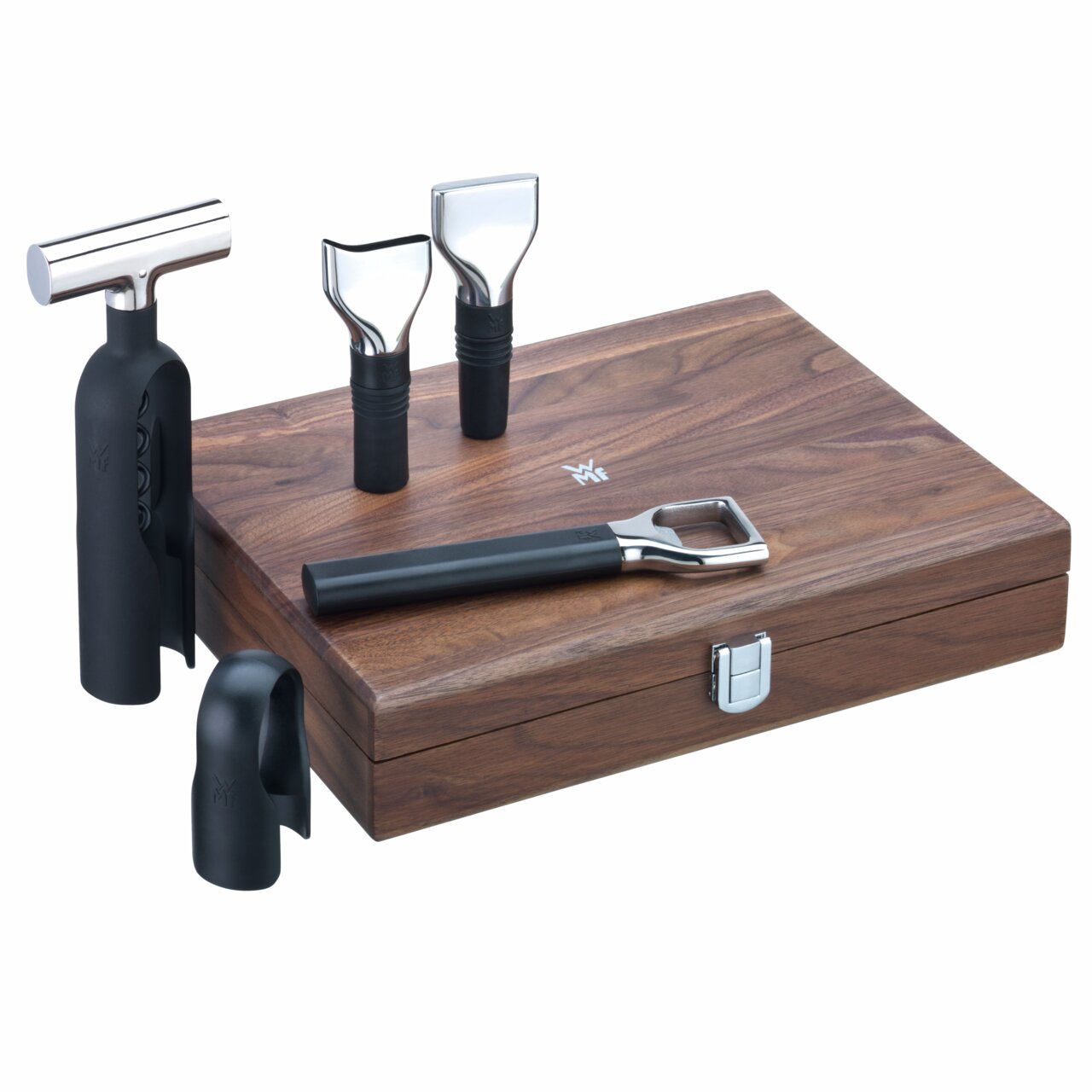 Sommelier-set Baric, 5-delig, in een elegante houten kist, bestaande uit een kurkentrekker, twee schenktuiten, een foliesnijder en een flesopener, gezien van voren en iets van bovenaf.