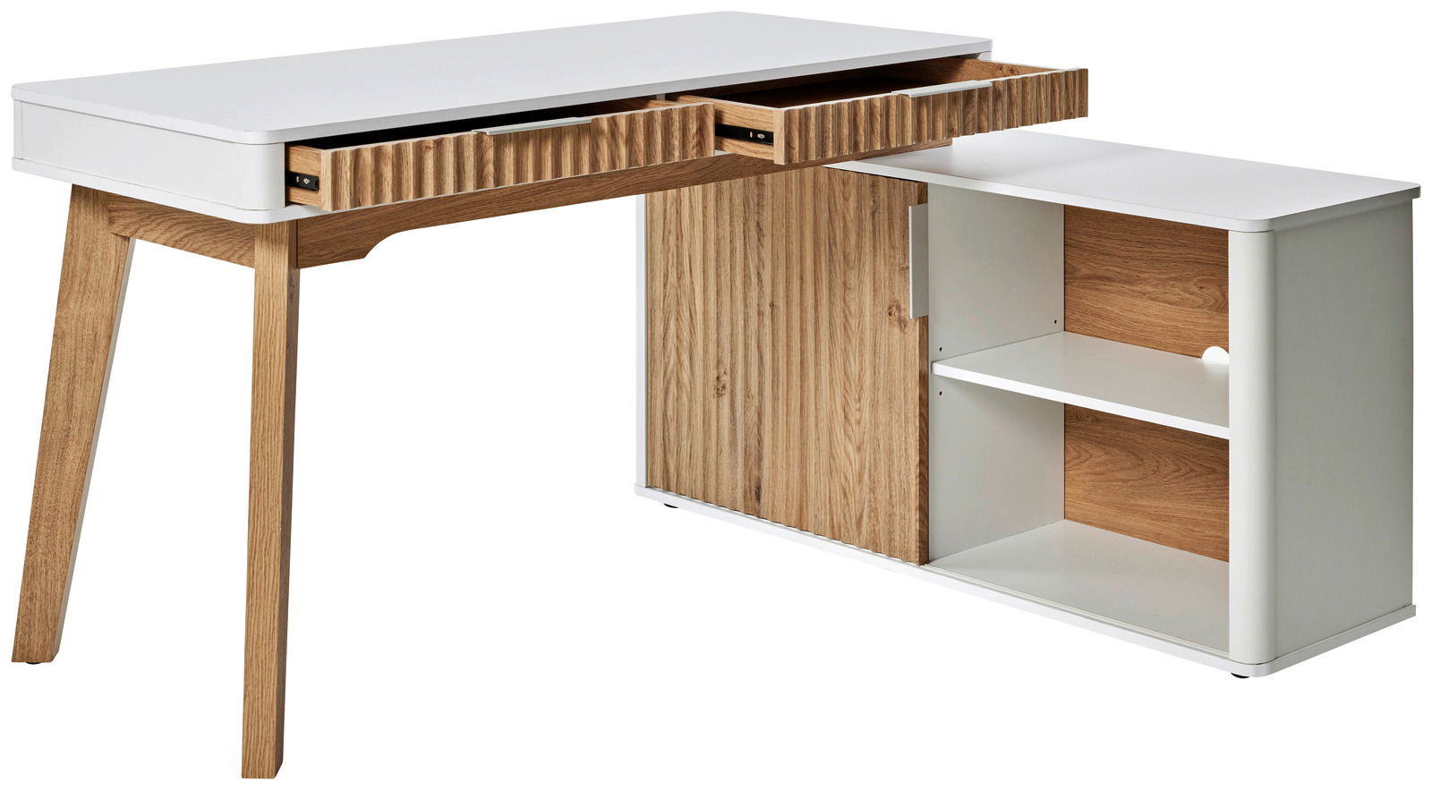 Moderner Eck-Schreibtisch mit Anbau in Holzoptik und weißen Elementen, seitliche Perspektive
