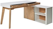 Moderner Eck-Schreibtisch mit Anbau in Holzoptik und weißen Elementen, seitliche Perspektive