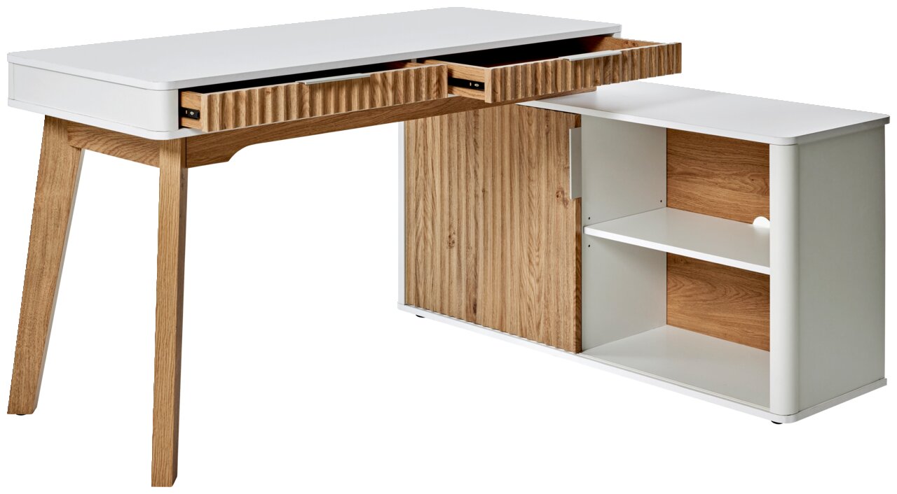 Moderner Eck-Schreibtisch mit Anbau in Holzoptik und weißen Elementen, seitliche Perspektive