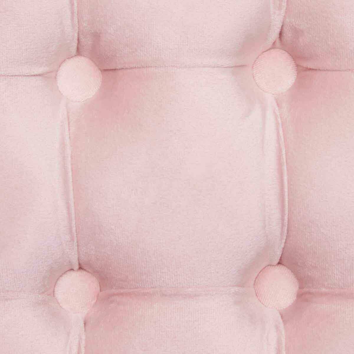 Nahaufnahme eines rosa gepolsterten Hockers mit Knopfdetails in der Draufsicht.