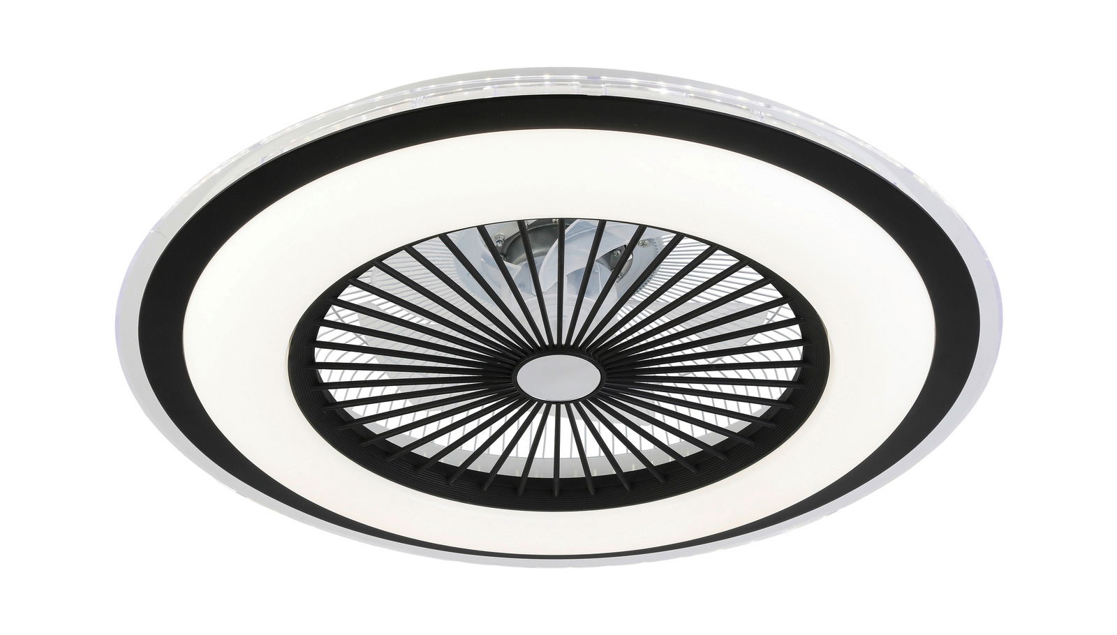Deckenventilator Wind Smart von unten betrachtet, modernes Design mit schwarzem Gitter und weißem LED-Ring.