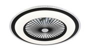 Deckenventilator Wind Smart von unten betrachtet, modernes Design mit schwarzem Gitter und weißem LED-Ring.