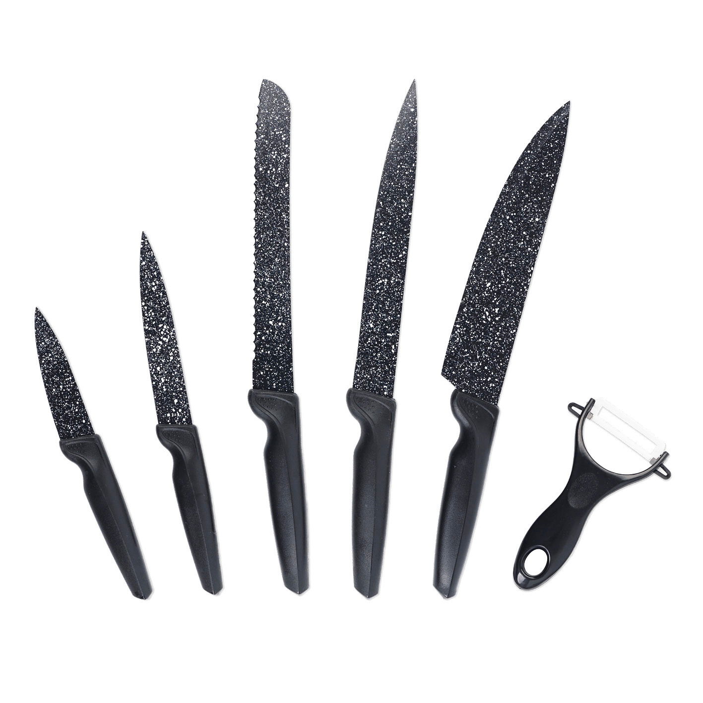 Messerset 6-tlg. Schwarz mit verschiedenen Klingenformen und einem Schäler, Ansicht von oben