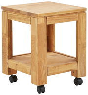Beistelltisch aus Holz mit Rollen, seitliche Perspektive