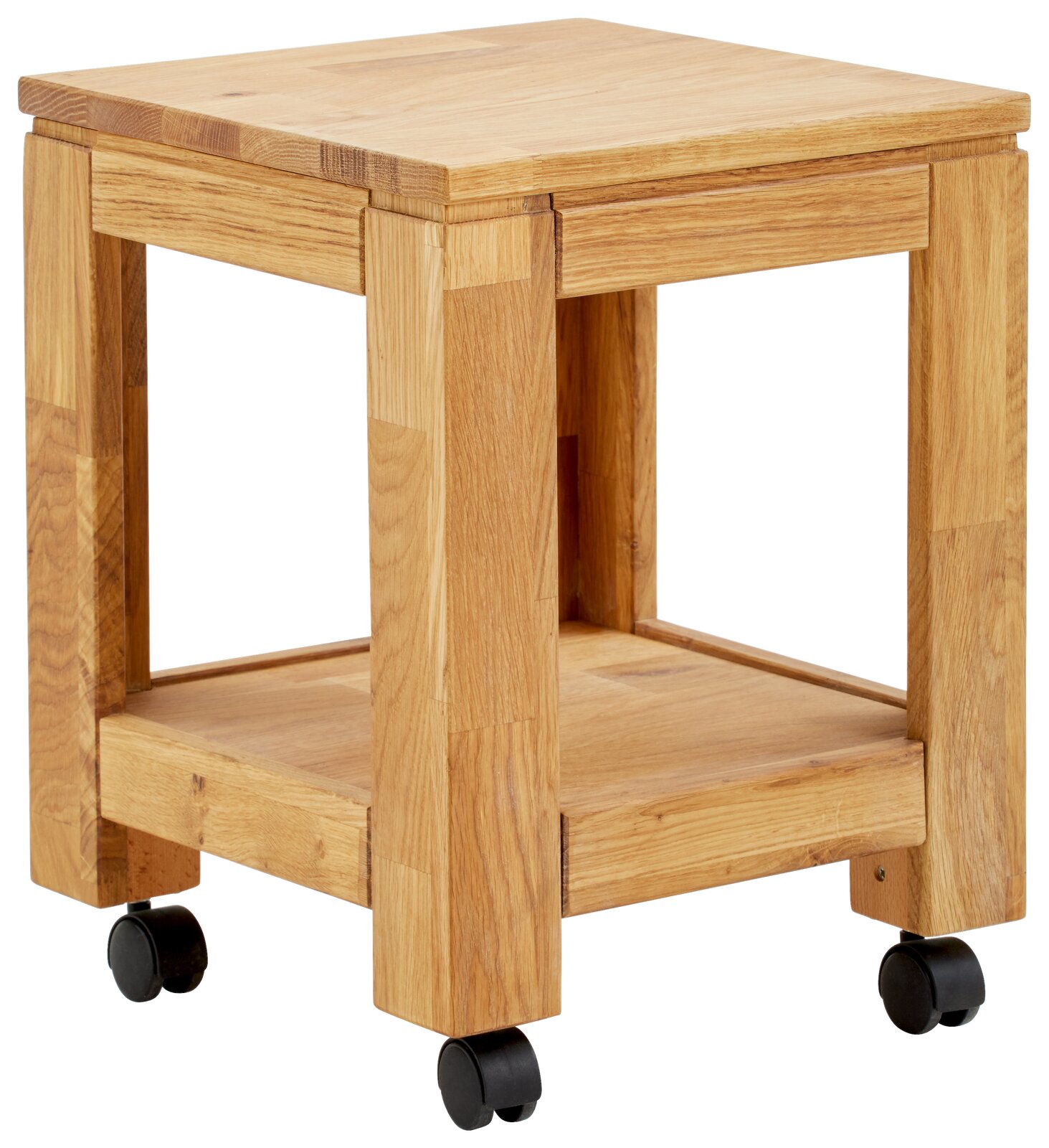 Beistelltisch aus Holz mit Rollen, seitliche Perspektive