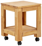Beistelltisch aus Holz mit Rollen, seitliche Perspektive