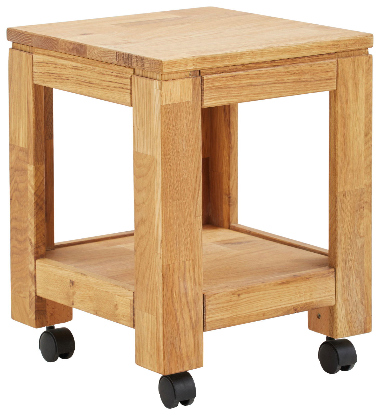 Beistelltisch aus Holz mit Rollen, seitliche Perspektive