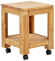 Beistelltisch aus Holz mit Rollen, seitliche Perspektive