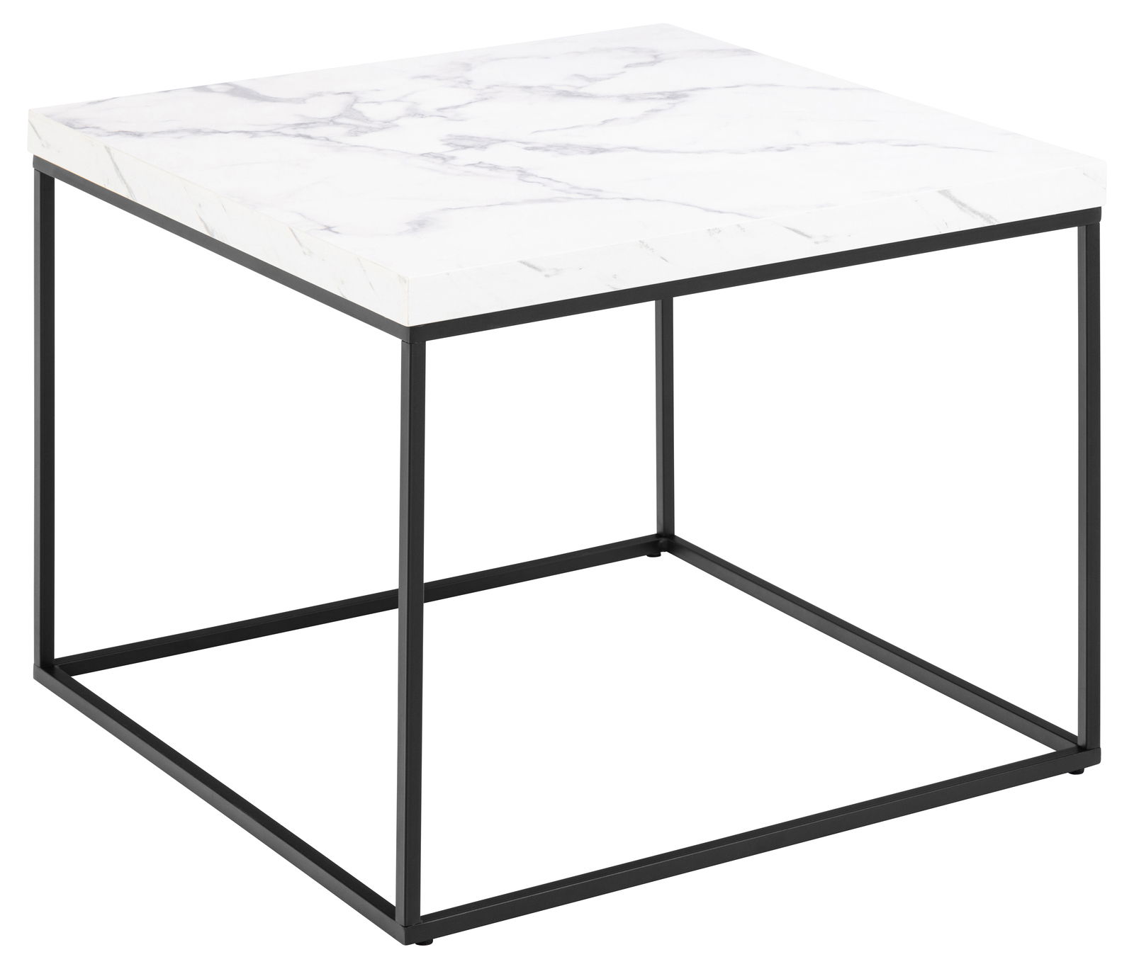 Moderner Couchtisch mit weißer Marmoroptik und schwarzem Metallgestell, seitliche Perspektive
