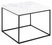 Moderner Couchtisch mit weißer Marmoroptik und schwarzem Metallgestell, seitliche Perspektive