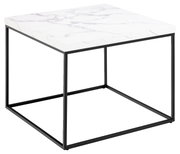 Moderner Couchtisch mit weißer Marmoroptik und schwarzem Metallgestell, seitliche Perspektive