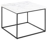 Moderner Couchtisch mit weißer Marmoroptik und schwarzem Metallgestell, seitliche Perspektive