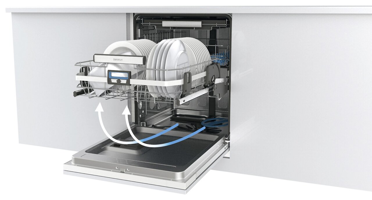 Dieter Knoll Einbaugeschirrspüler DKDT5900XK Offener Einbaugeschirrspüler mit herausgezogenem oberen Korb, gefüllt mit Geschirr, aus der Perspektive von vorne rechts.