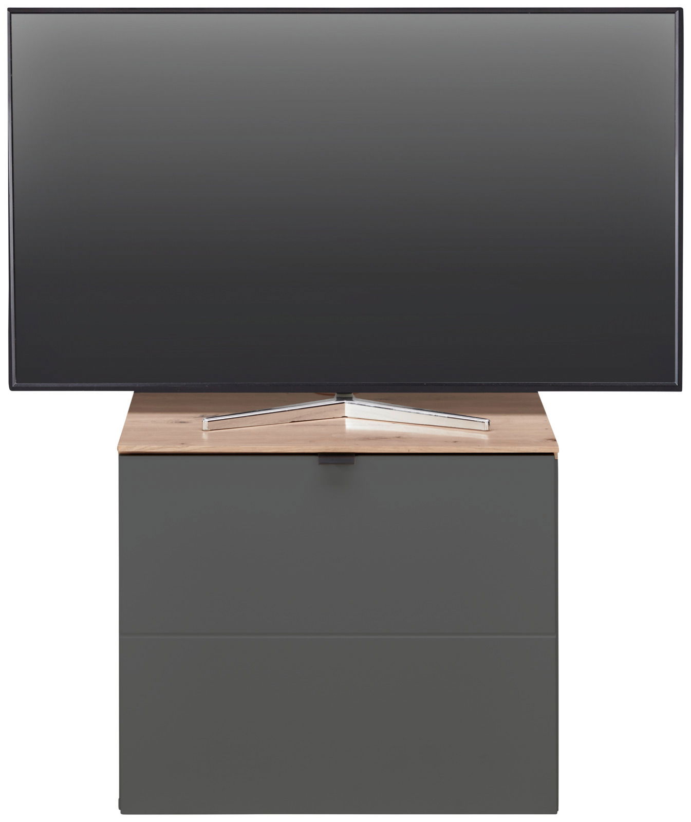 Frontansicht eines modernen TV-Lowboards mit Holzoberfläche und grauer Front, auf dem ein Flachbildfernseher steht.