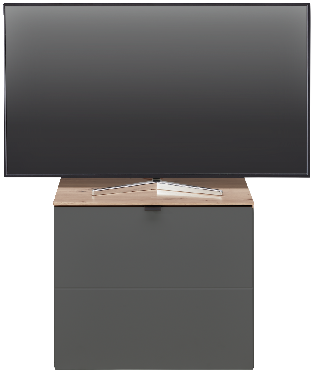 Frontansicht eines modernen TV-Lowboards mit Holzoberfläche und grauer Front, auf dem ein Flachbildfernseher steht.